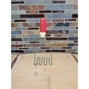 Vintage Androck Potato Masher, Plastic Handle, Red and Off White